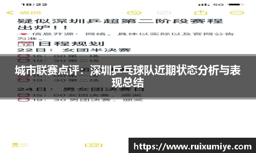 城市联赛点评：深圳乒乓球队近期状态分析与表现总结